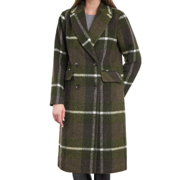 NWT CLICHE Women’s Double-Breasted Notched-Collar Green Brown Plaid Coat Size L - Picture 1 of 7